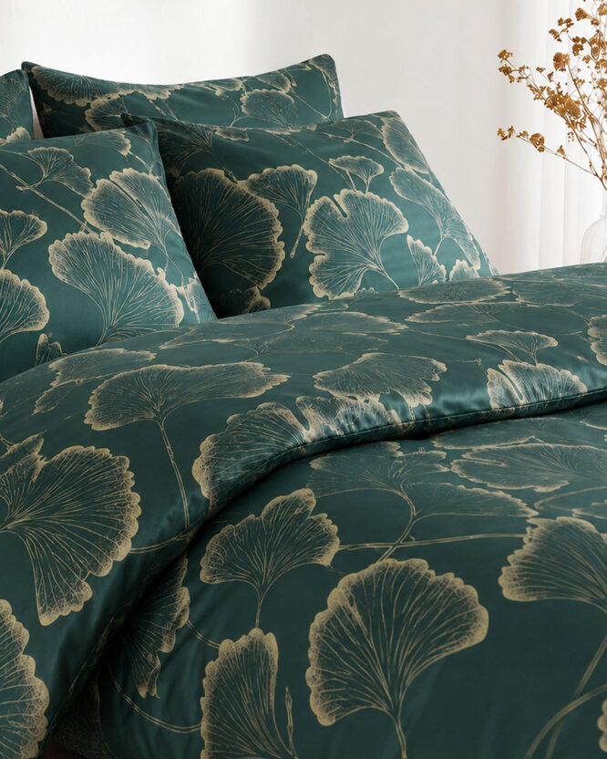 Bettwäsche aus Mako-Satin - Ginkgoblätter auf Dunkelgrün