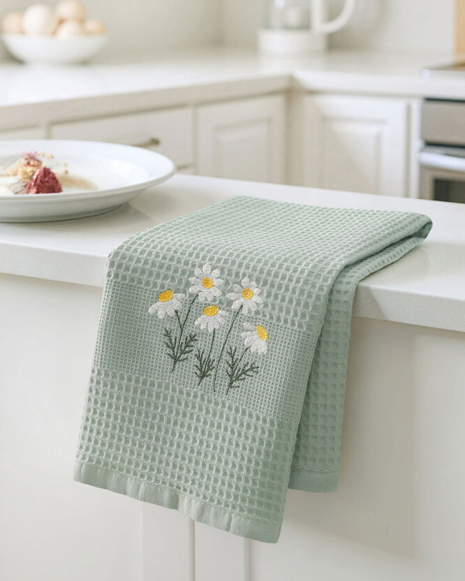 Waffel-Geschirrtuch mit Stickerei - Kamille auf Salbeigrün