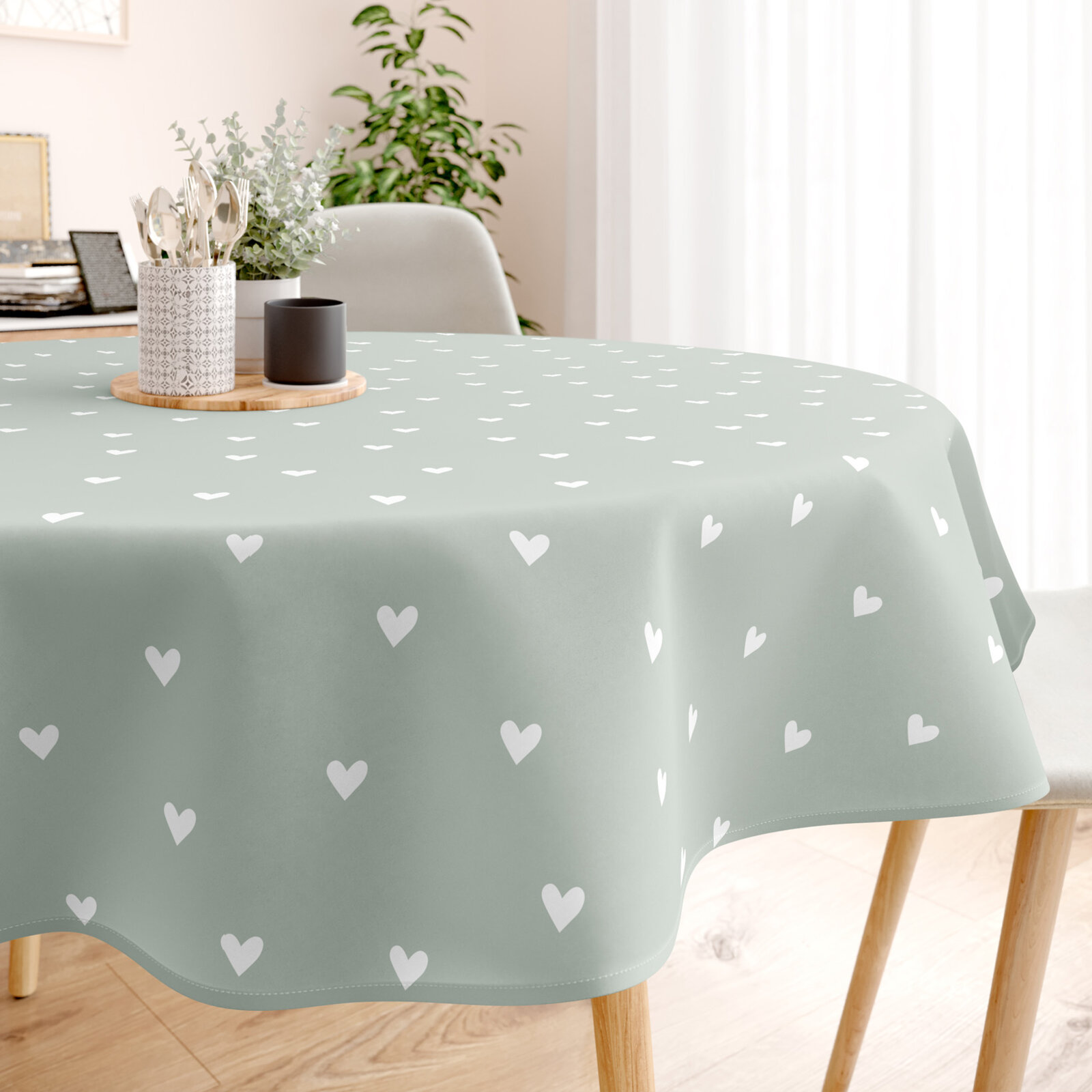 Runde Tischdecke 100% Baumwolle - Herzchen auf Salbeigrün
