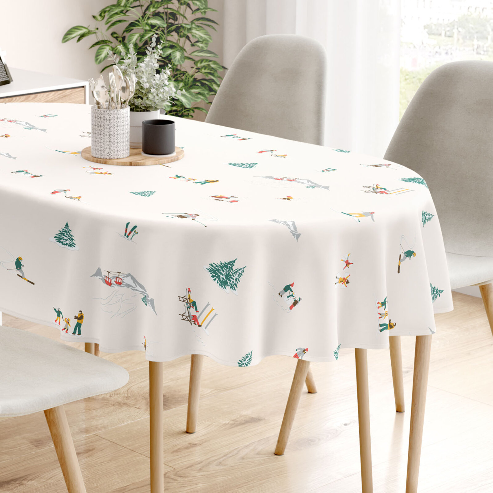 Ovale Weihnachts-Tischdecke aus 100% Baumwolle - Winterfreuden
