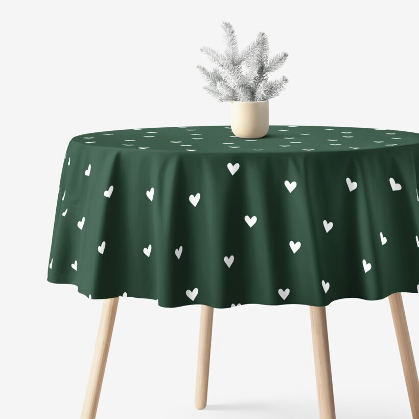 Runde Weihnachts-Tischdecke 100% Baumwolle - Herzchen auf Dunkelgrün