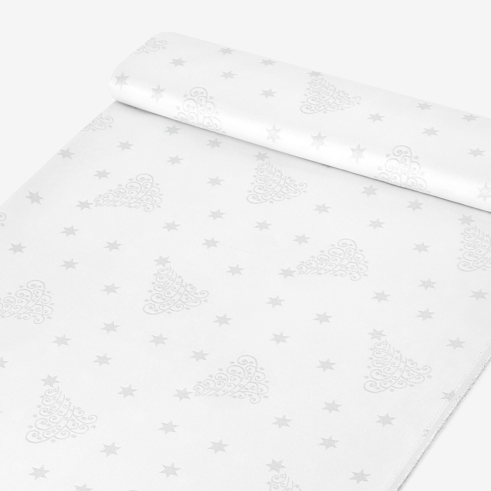 Weihnachtlicher Teflonstoff für Tischdecken – Silberne Tannenbäume und Sterne