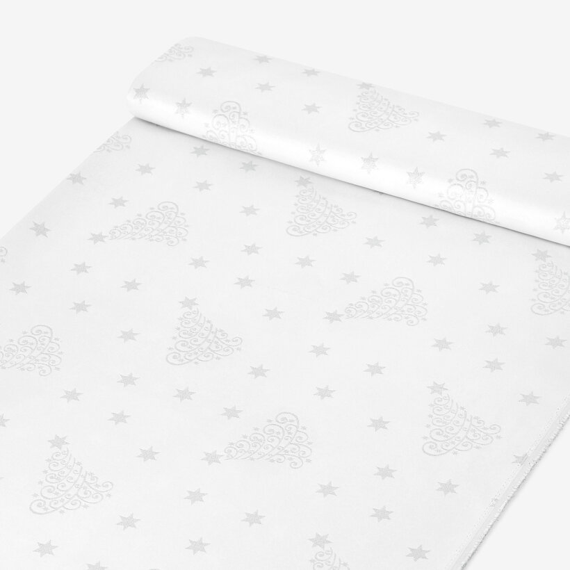 Weihnachtlicher Teflonstoff für Tischdecken – Silberne Tannenbäume und Sterne