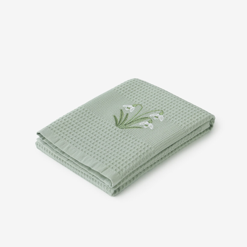 Waffel-Geschirrtuch mit Stickerei - Schneeglöckchen auf Salbei