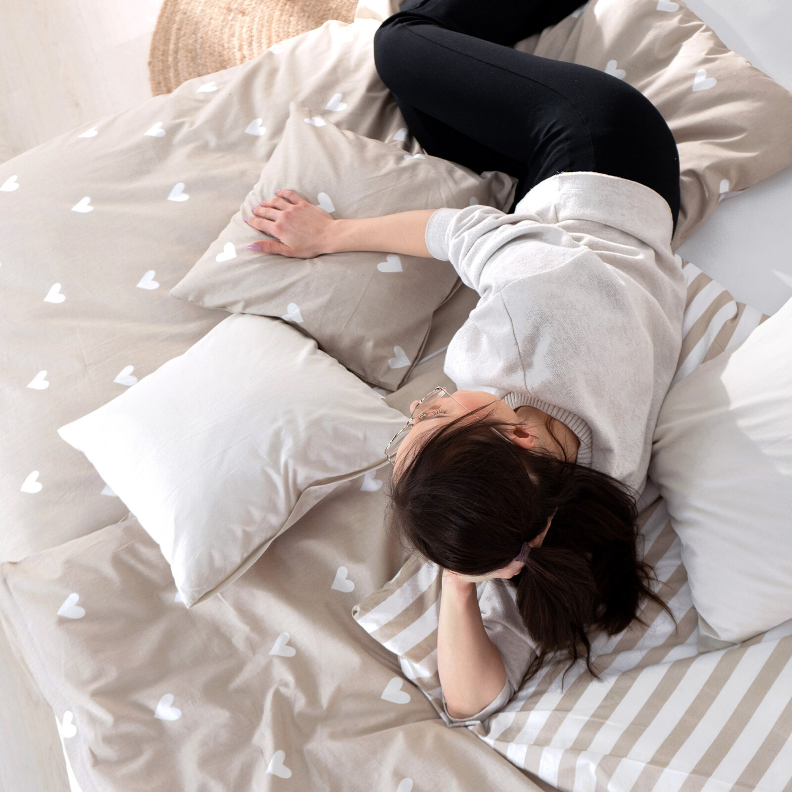 Bettwäsche aus Baumwolle - Herzchen auf Latte mit Streifen