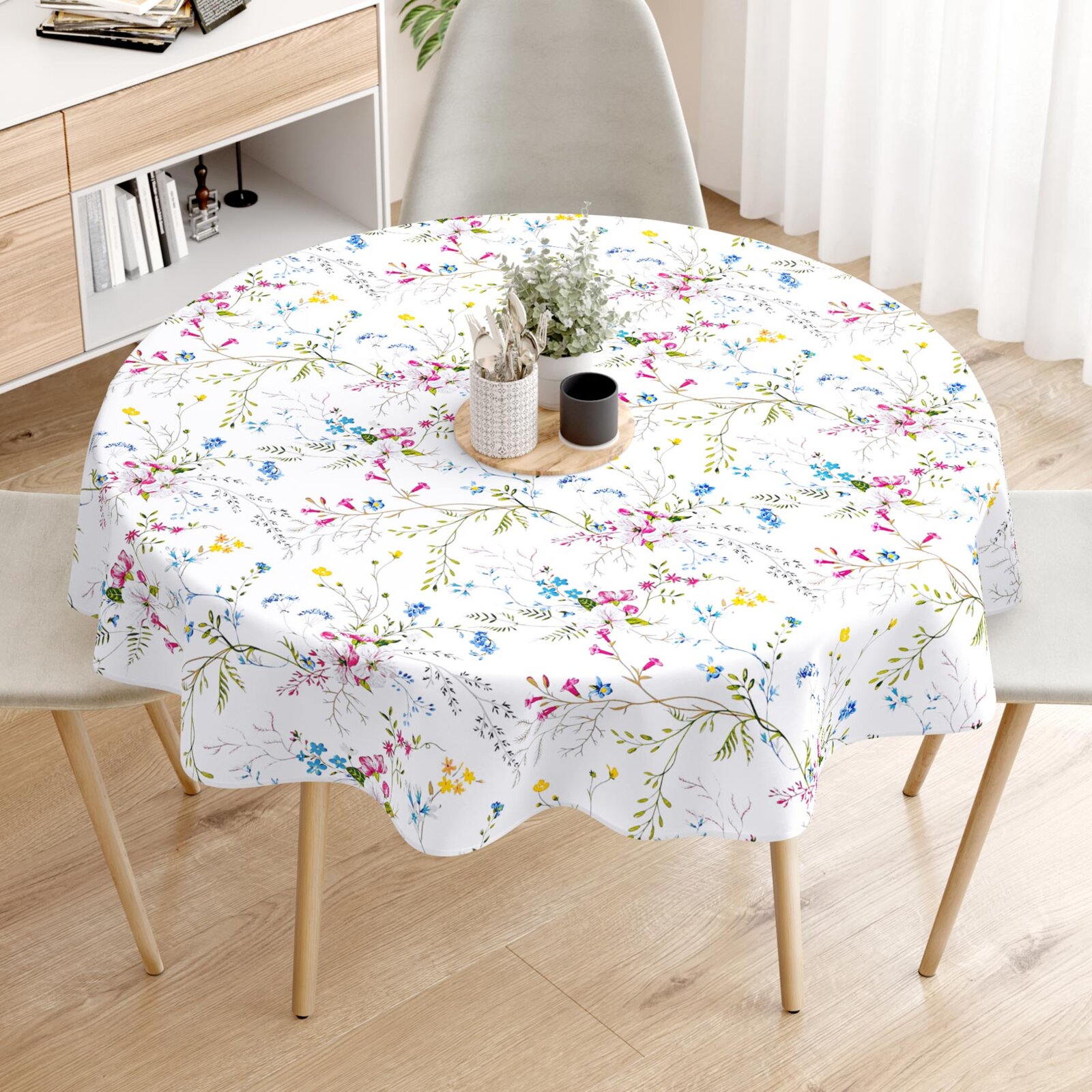 Runde Tischdecke 100% Baumwolle - Gemalte Wiesenblumen