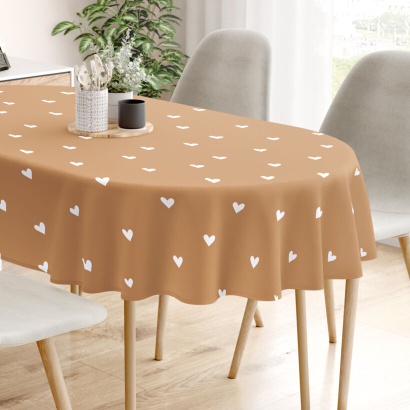 Ovale Tischdecke aus 100% Baumwolle - Herzchen auf Herbstbraun