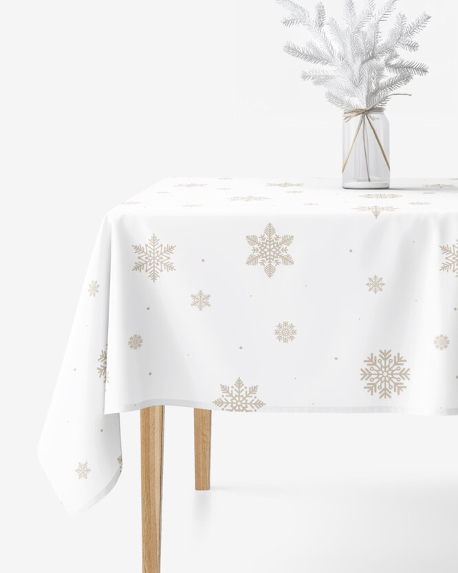 Eckige weihnachtliche Tischdecke 100% Baumwolle - Schneeflocken auf Weiß