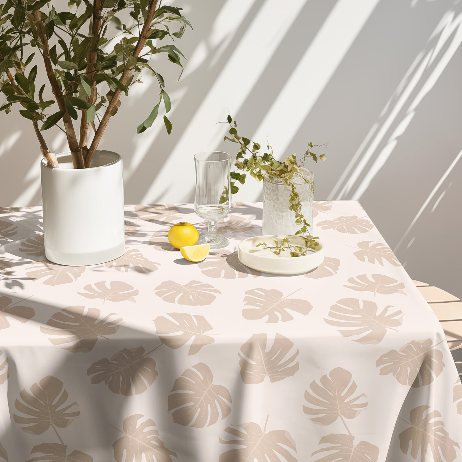 Eckige Tischdecke 100% Baumwolle - Tropische Blätter auf Beige