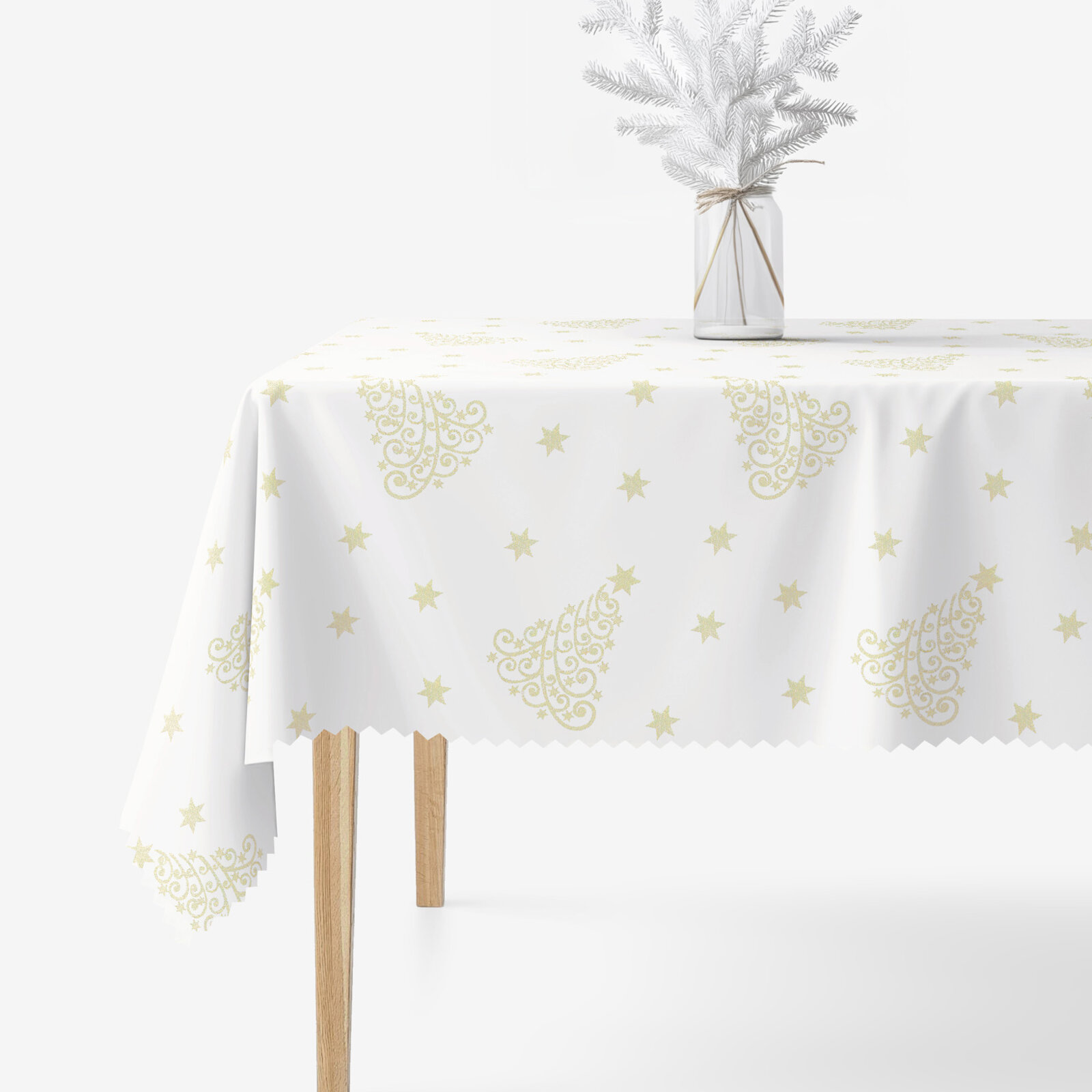 Weihnachtliche eckige Teflon-Tischdecke - Goldene Tannenbäume und Sterne