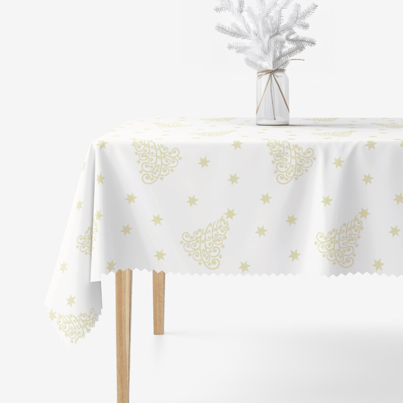 Weihnachtliche eckige Teflon-Tischdecke - Goldene Tannenbäume und Sterne