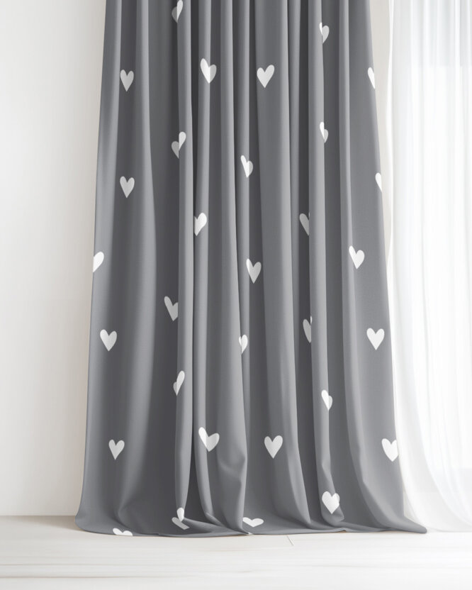 Vorhang aus Baumwolle - Herzchen auf Grau