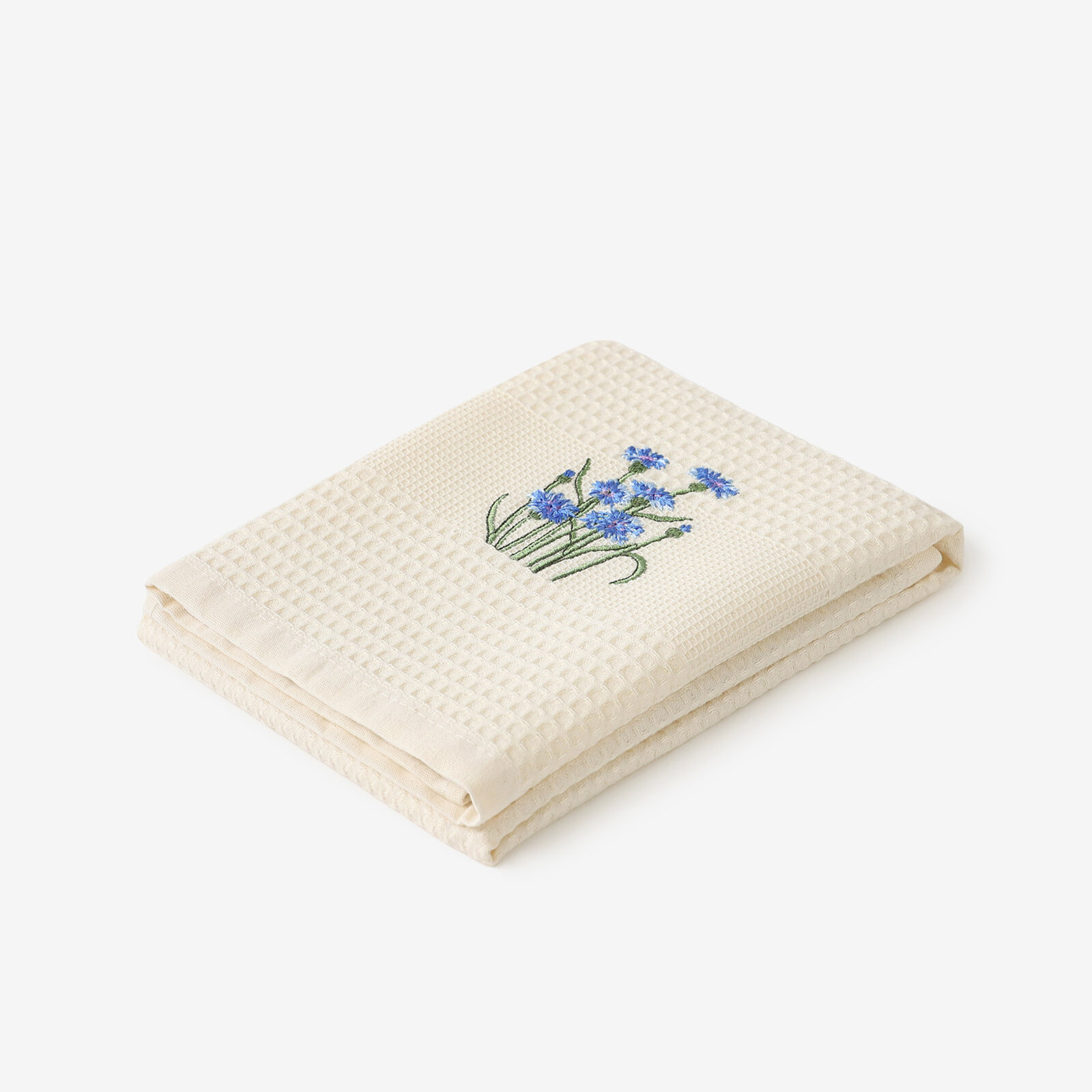Waffel-Geschirrtuch mit Stickerei - Kornblumen auf Creme
