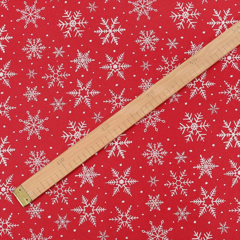 Dekorativer Stoff Valencia - Weihnachtssterne auf rotem Hintergrund