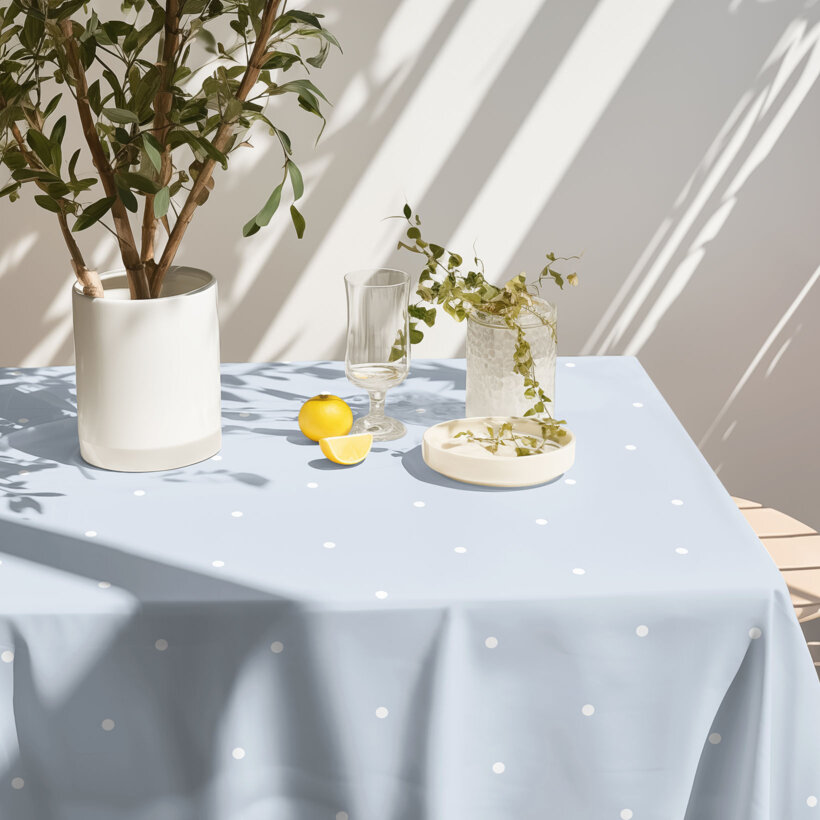 Eckige Tischdecke 100% Baumwolle - Pünktchen auf Himmelblau