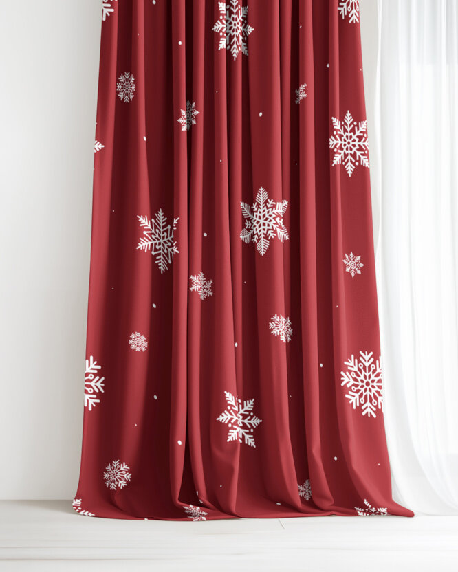 Weihnachtlicher Vorhang aus Baumwolle - Schneeflocken auf Rot