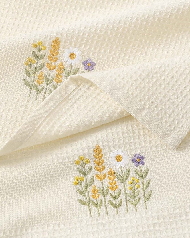 Waffel-Geschirrtuch mit Stickerei - Blumenwiese auf Creme