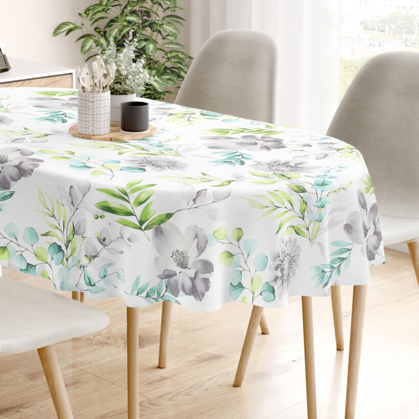 Ovale Tischdecke aus 100% Baumwolle Deluxe - Eukalyptus mit Blumen
