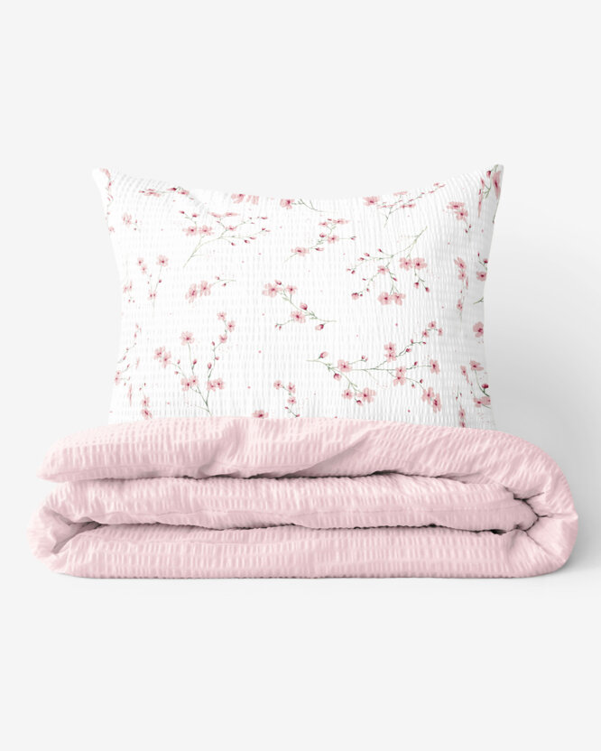 Seersucker Bettwäsche Duo - Blühende Sakura-Kirschbäume mit Puderrosa