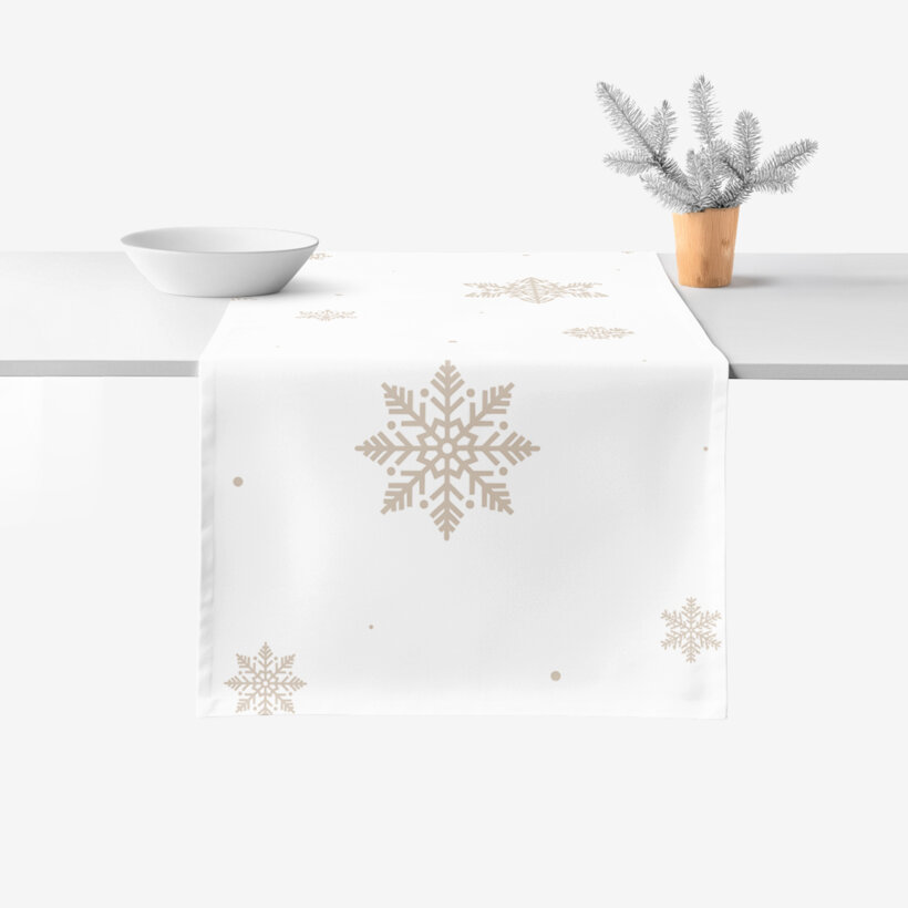 Weihnachtlicher Tischläufer aus 100% Baumwolle - Schneeflocken auf Weiß