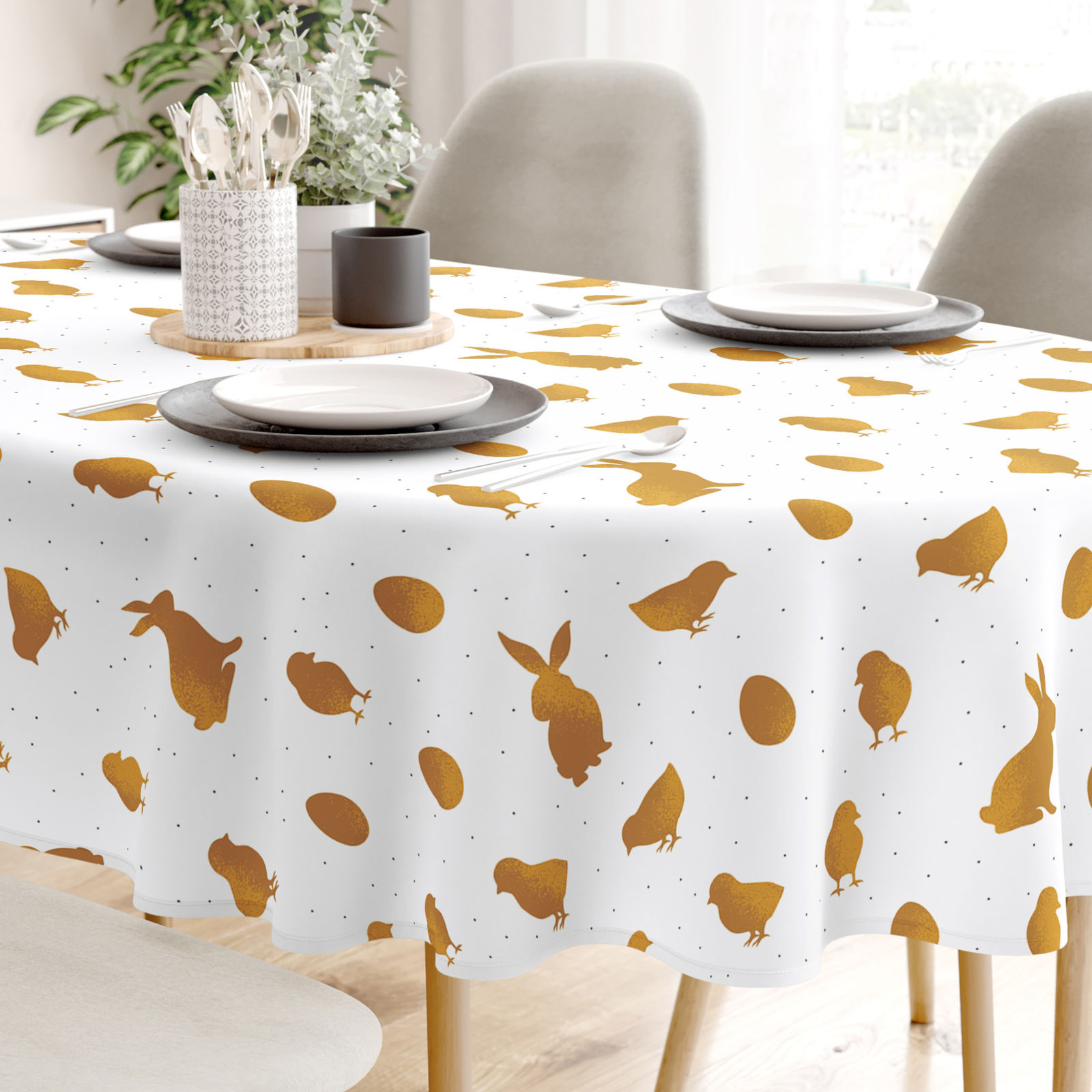 Ovale Tischdecke Ostern aus fester Baumwolle - goldene Ostersymbole