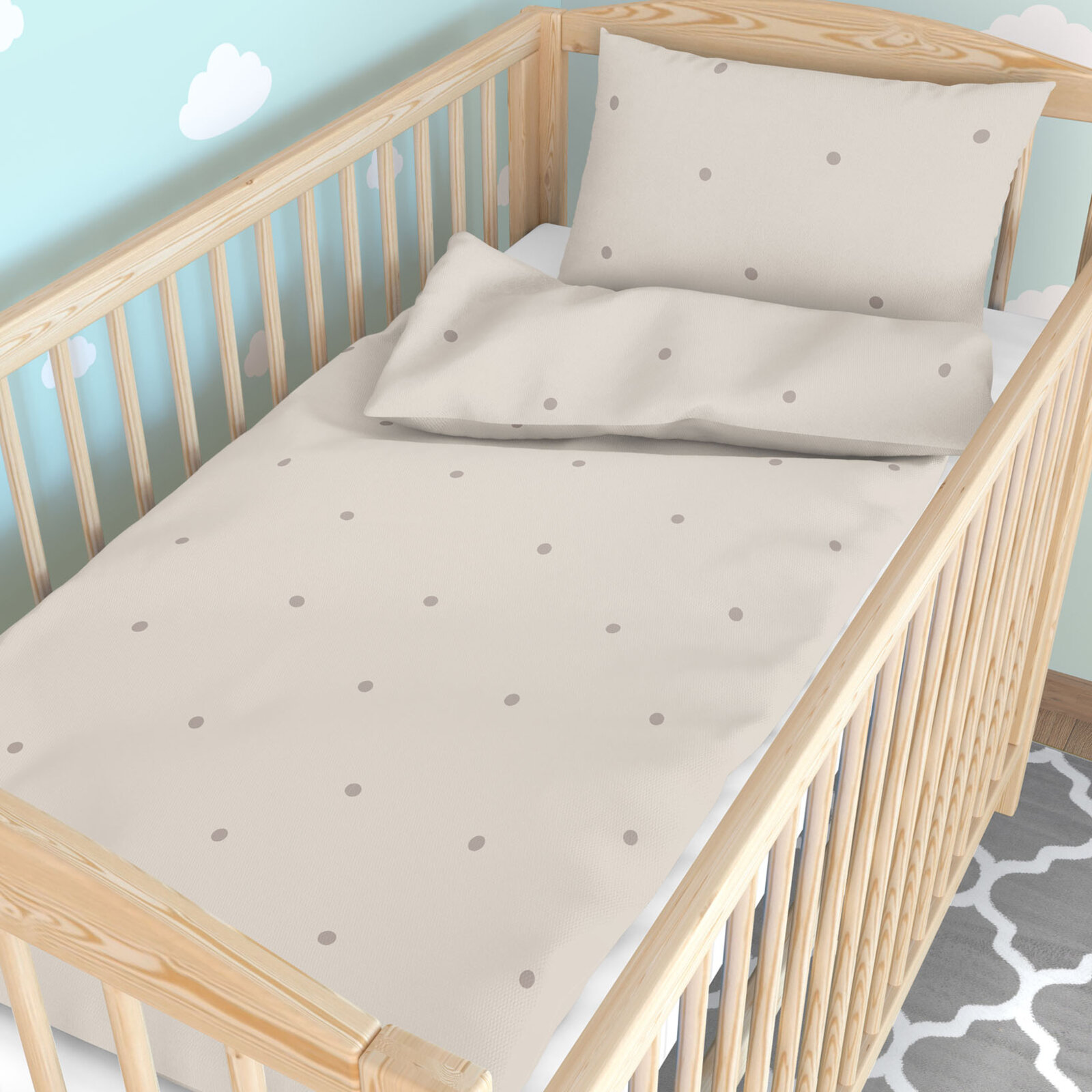 Bettwäsche für Babybetten aus Baumwolle - Pünktchen auf Beige