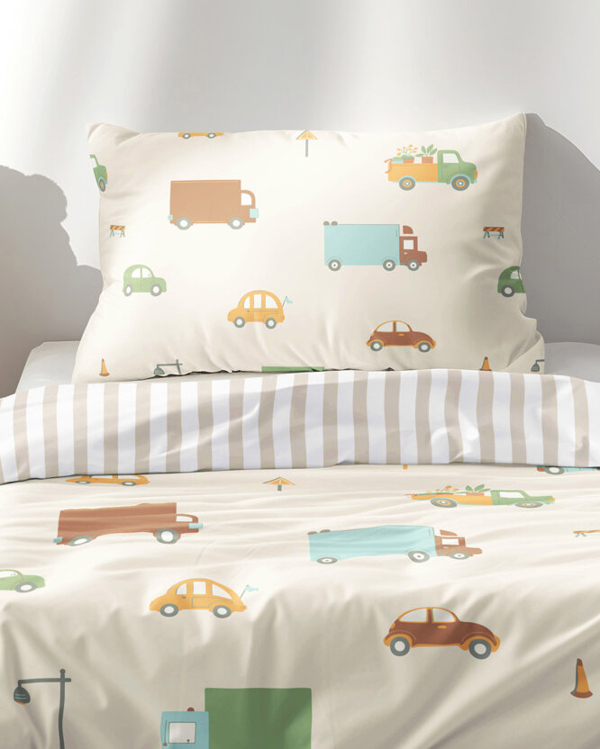 Kinder-Bettwäsche aus Baumwolle - Welt der Autos mit latte Streifen