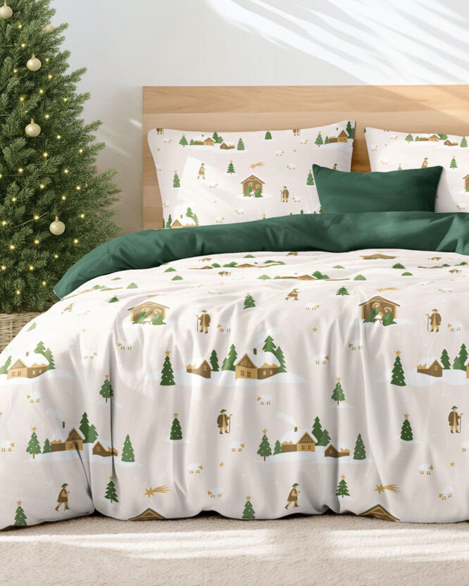 Weihnachts-Bettwäsche aus Baumwolle Duo - Weihnachtslieder mit Dunkelgrün