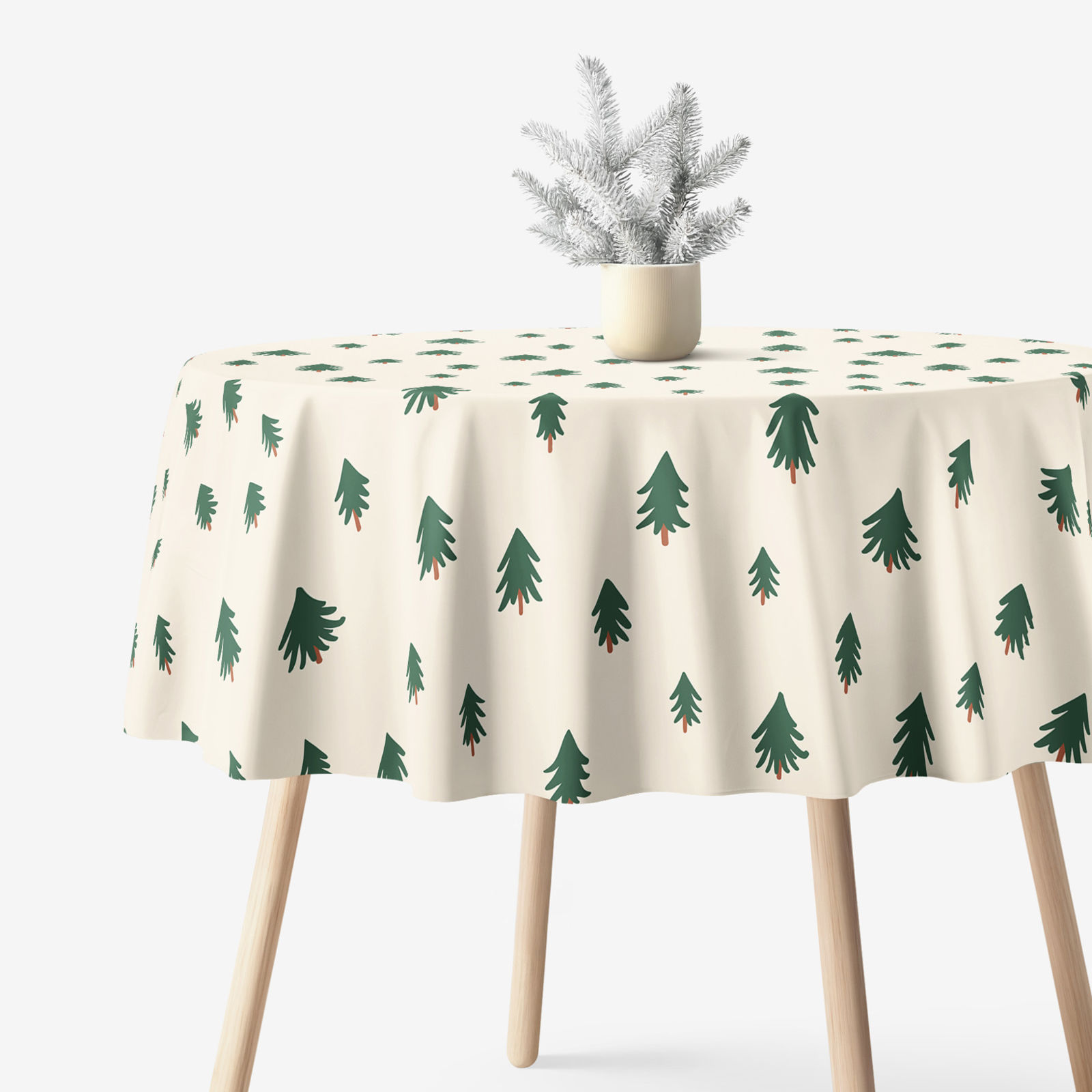 Weihnachtliche runde Tischdecke 100% Baumwollköper - Bäumchen auf natur