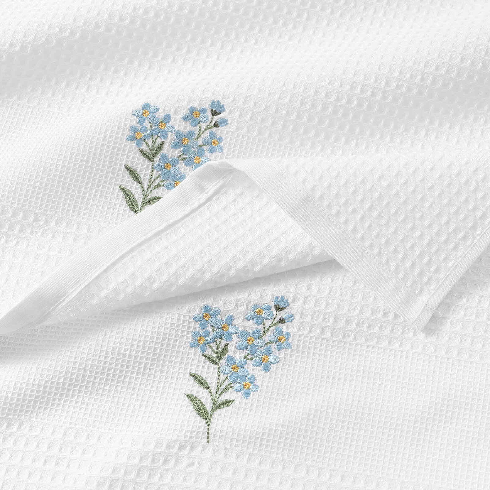 Waffel-Geschirrtuch mit Stickerei - Vergissmeinnicht auf Weiß