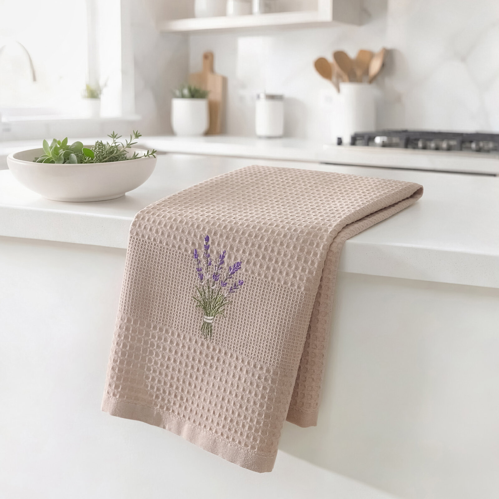 Waffel-Geschirrtuch mit Stickerei - Lavendel auf Braun