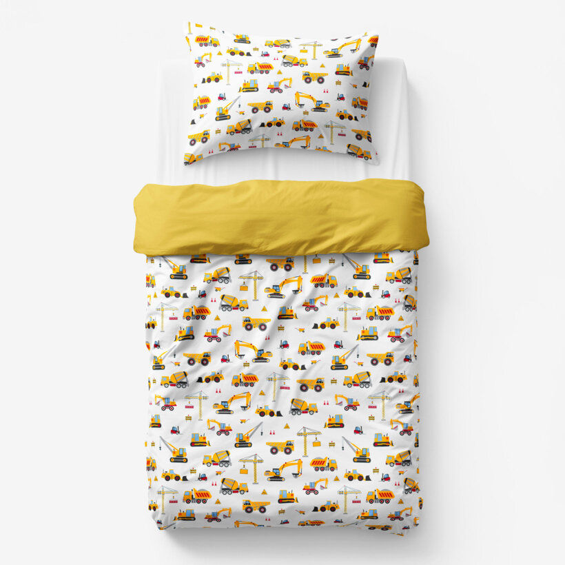 Kinder-Bettwäsche aus Baumwolle Duo - Lastwagen und Bagger mit Honiggelb