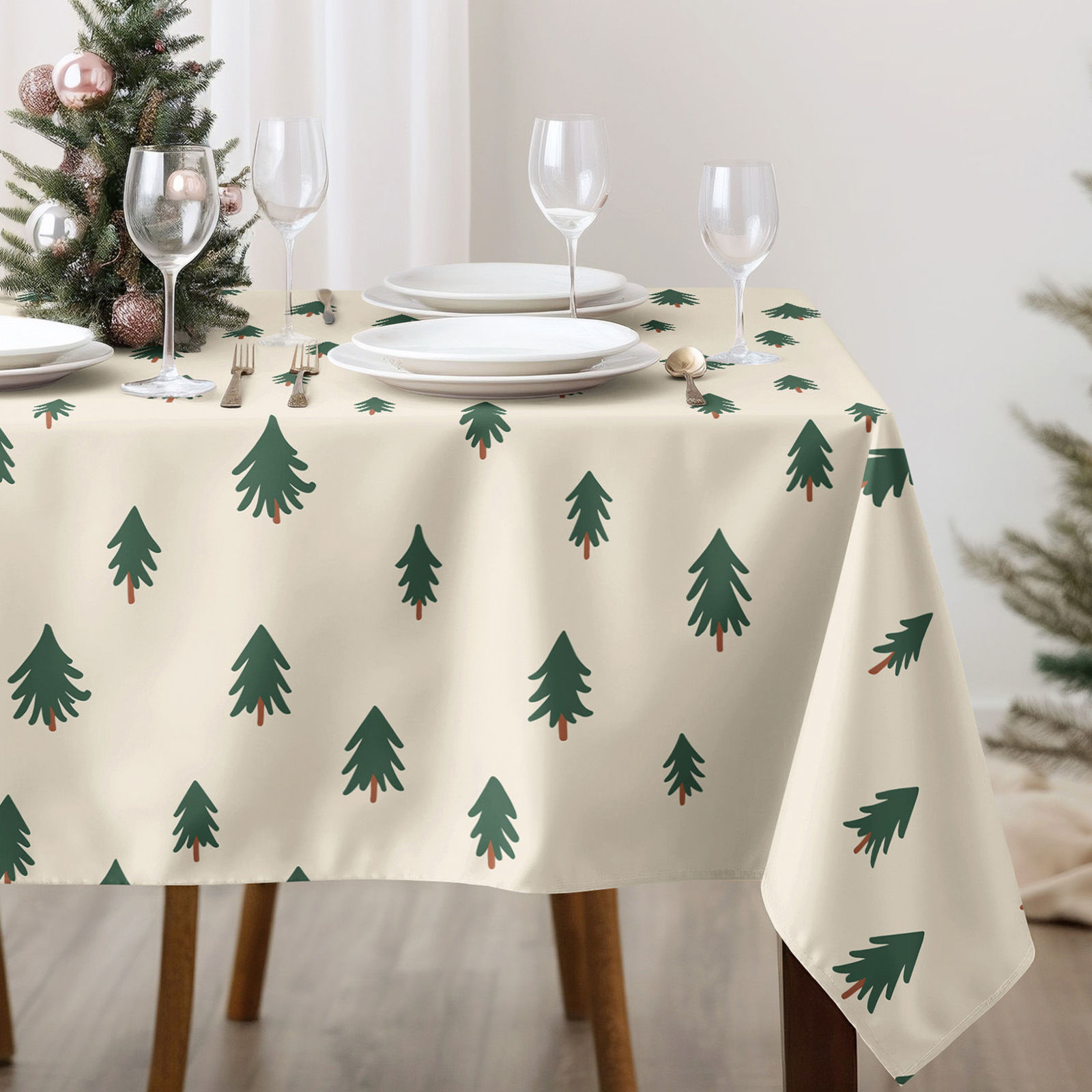 Weihnachtliche eckige Tischdecke 100% Baumwollköper - Bäumchen auf natur
