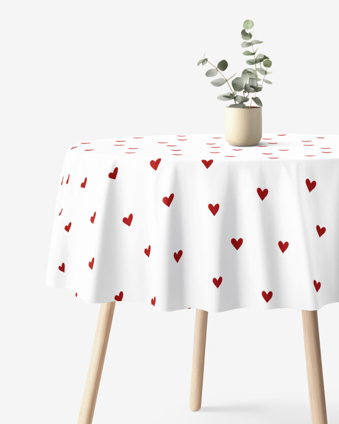 Runde Tischdecke 100% Baumwolle - Rote Herzchen auf Weiß