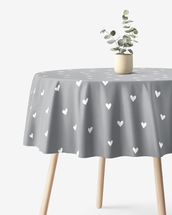 Runde Tischdecke 100% Baumwolle - Herzchen auf Grau