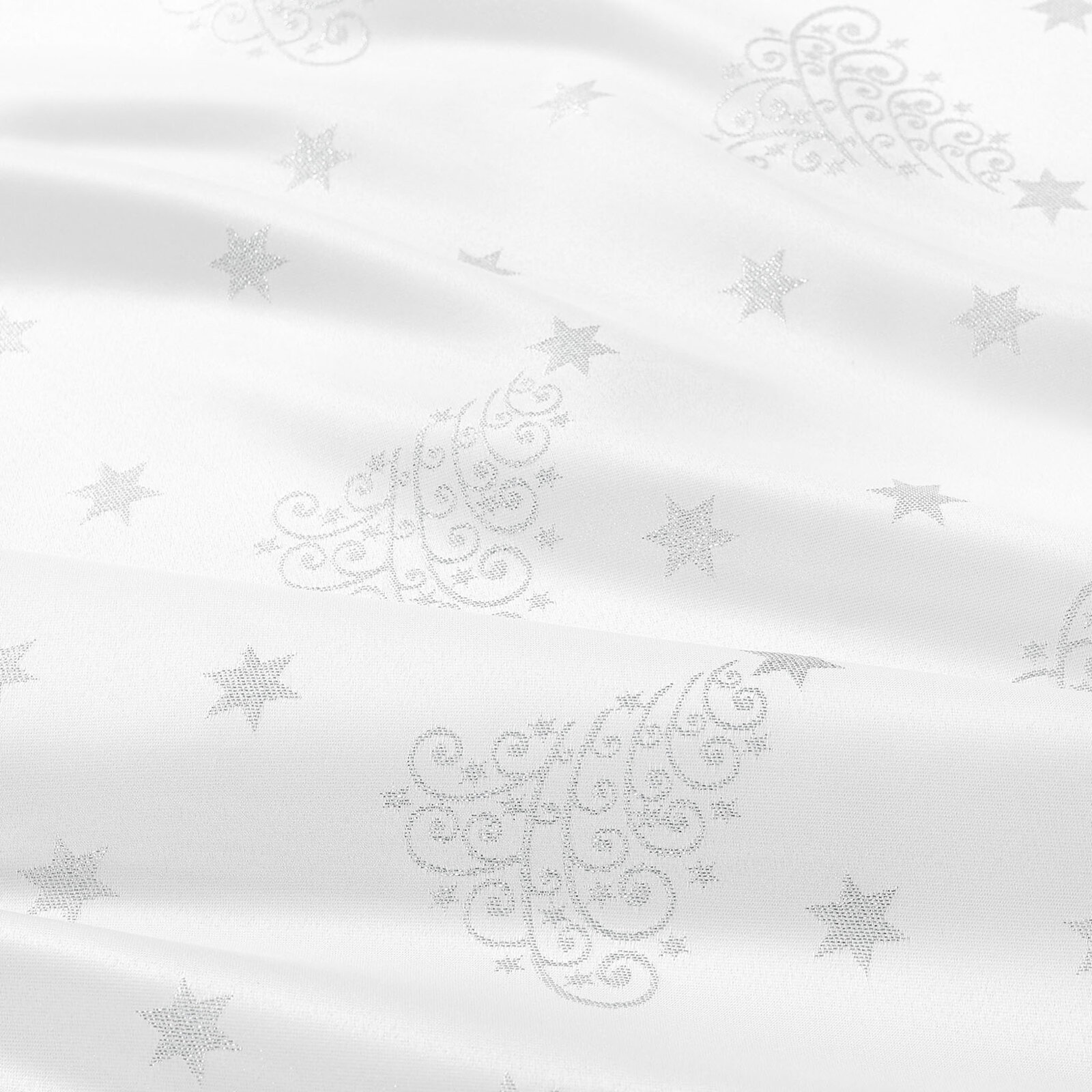 Weihnachtlicher Teflonstoff für Tischdecken – Silberne Tannenbäume und Sterne