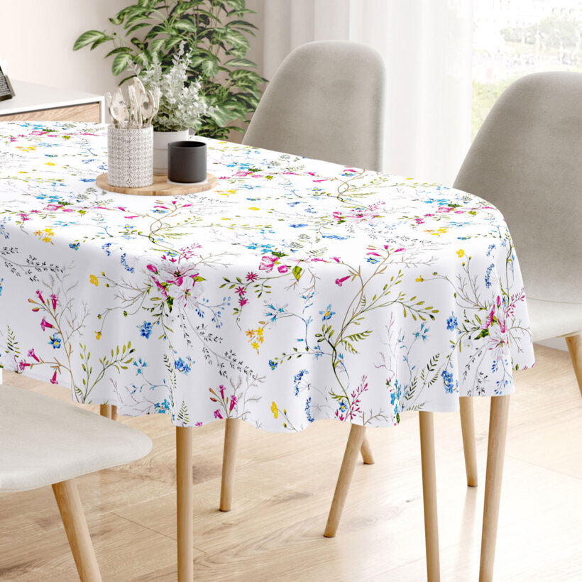 Ovale Tischdecke aus 100% Baumwolle - Gemalte Wiesenblumen