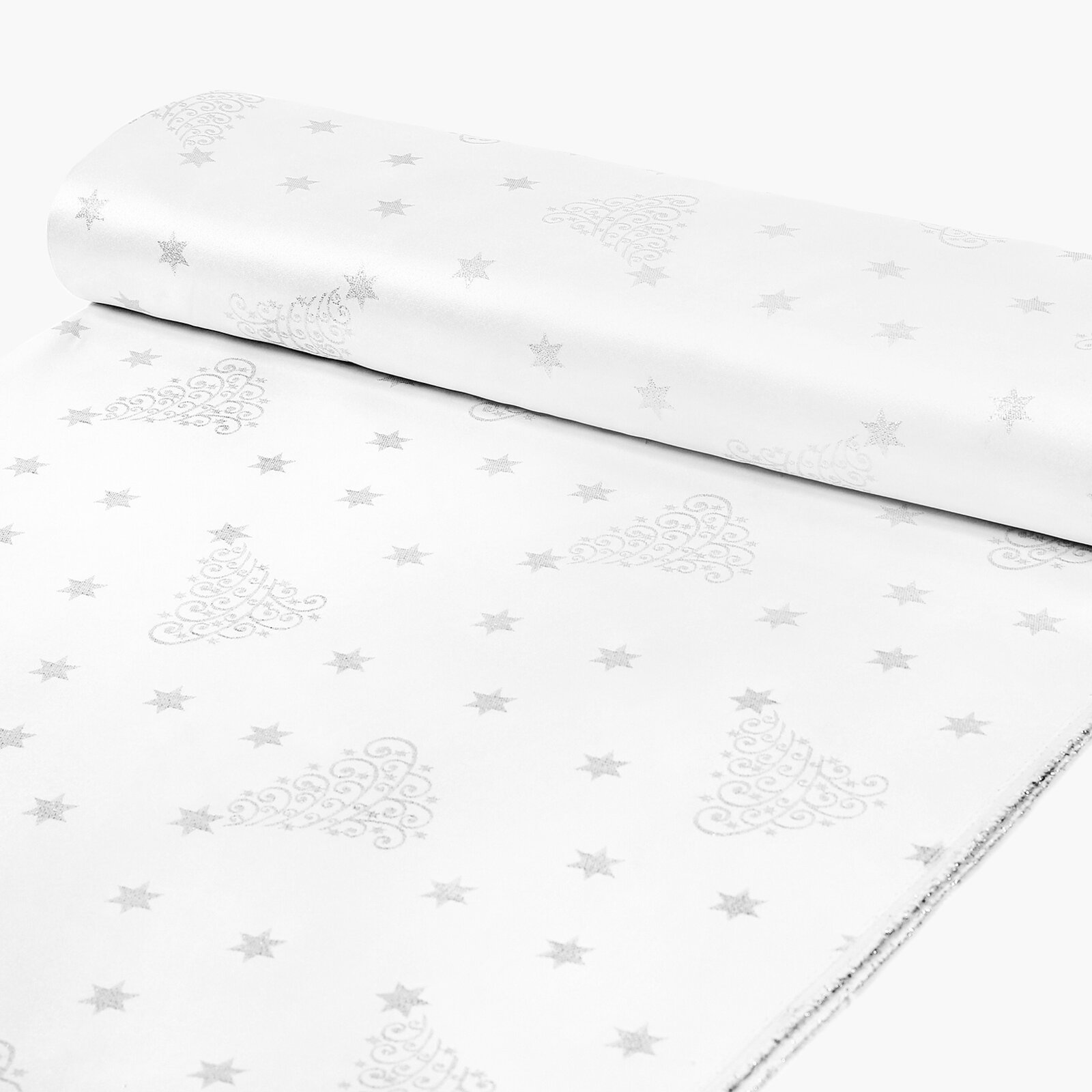 Weihnachtlicher Teflonstoff für Tischdecken – Silberne Tannenbäume und Sterne