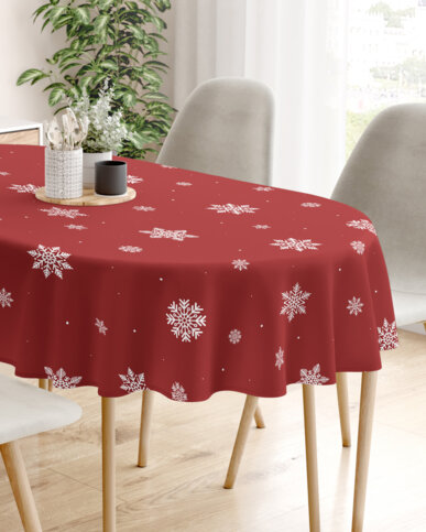 Ovale Weihnachts-Tischdecke aus 100% Baumwolle - Schneeflocken auf Rot