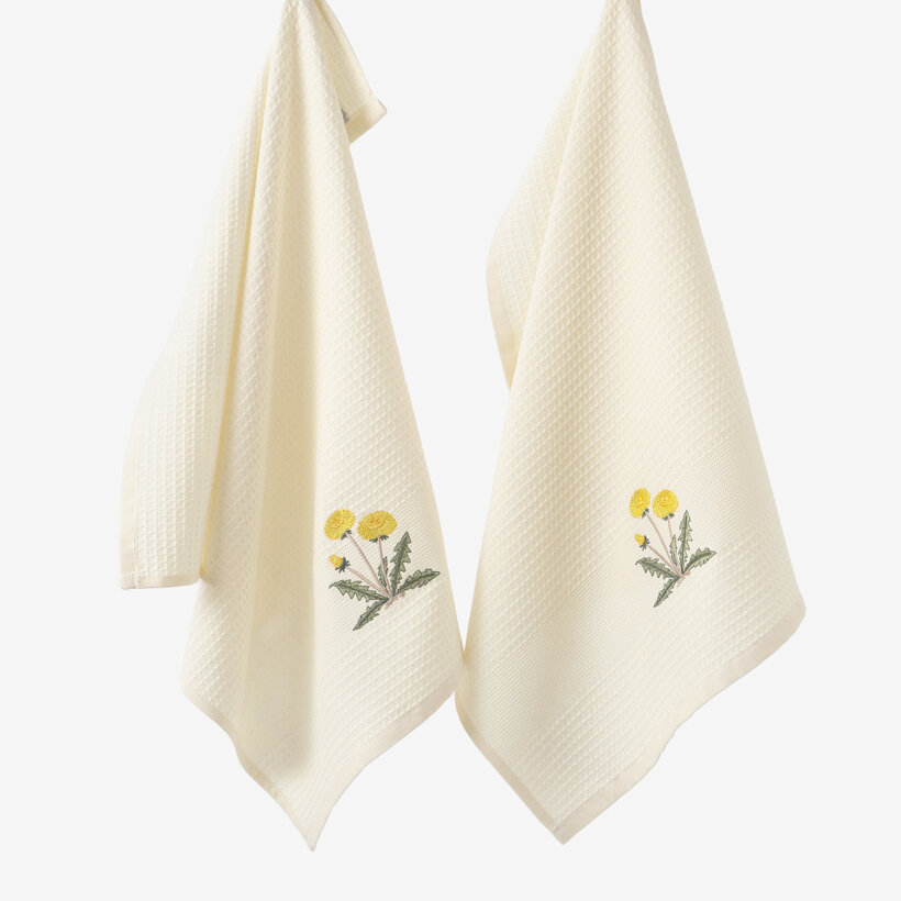 Waffel-Geschirrtuch mit Stickerei - Löwenzahn auf Creme