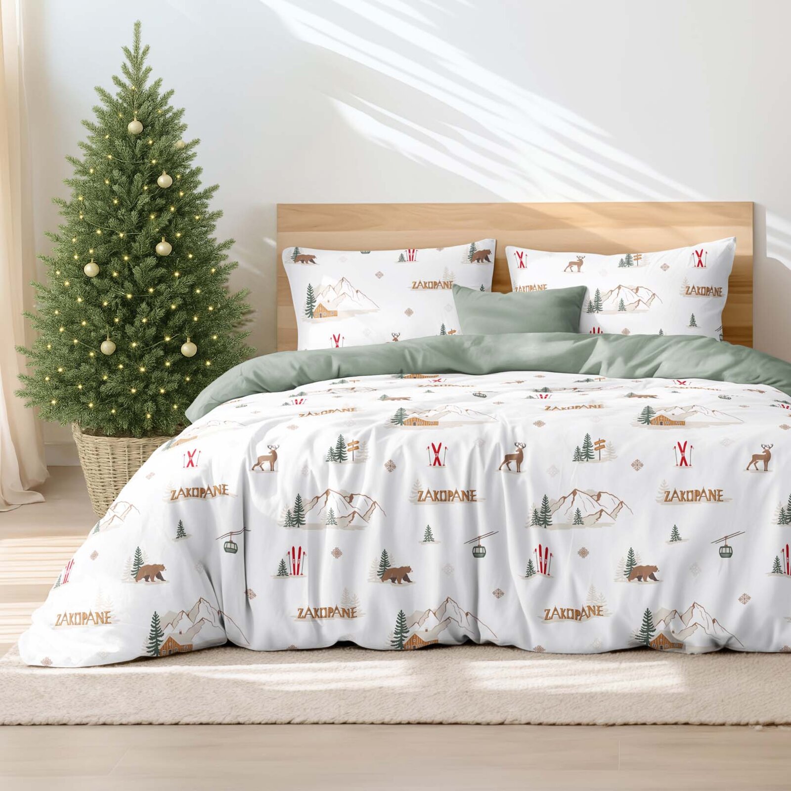 Weihnachts-Bettwäsche aus Baumwolle Duo - Zakopane mit Salbeigrün