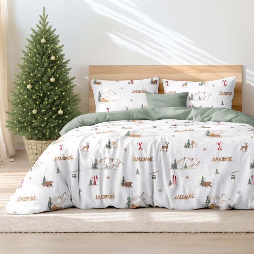 Weihnachts-Bettwäsche aus Baumwolle Duo - Zakopane mit Salbeigrün