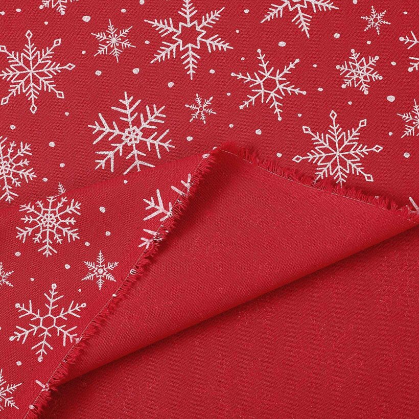 Weihnachtsstoff Valencia - Weiße Flocken auf Rot