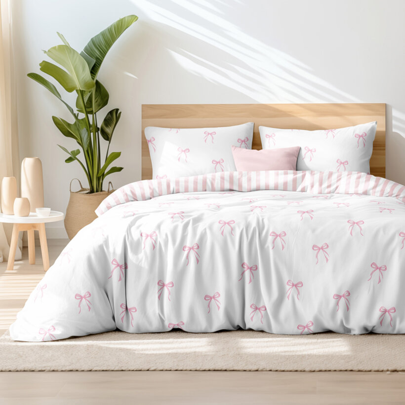 Bettwäsche aus Baumwolle - rosa Schleifen mit Streifen