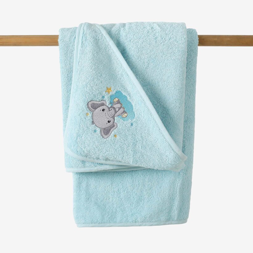 Frottee Babybadetuch mit Kapuze - Elefant auf Blau