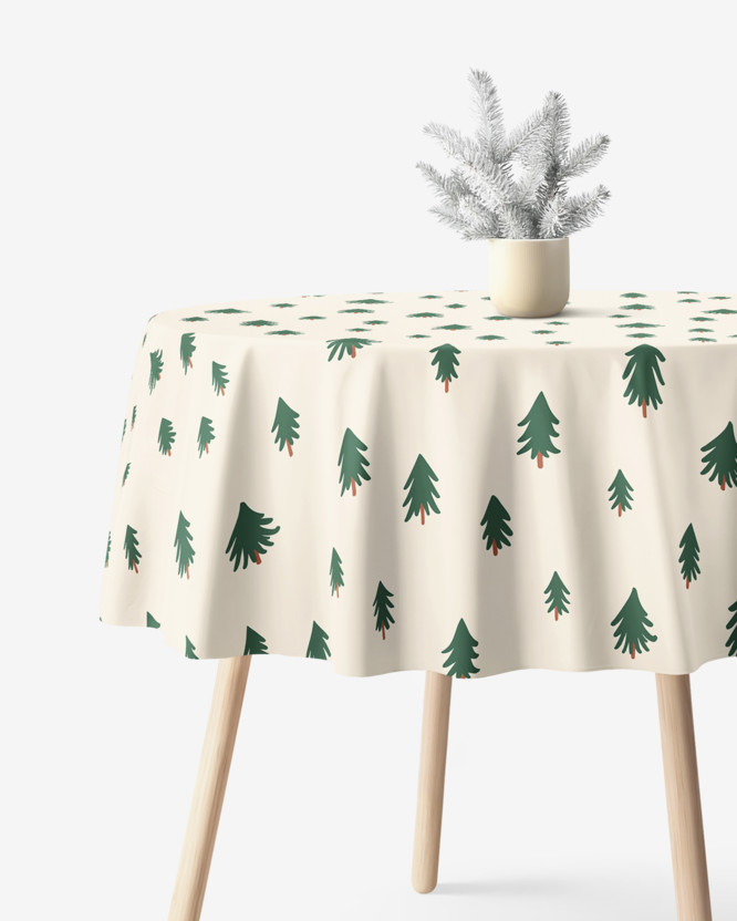Weihnachtliche runde Tischdecke 100% Baumwollköper - Bäumchen auf natur