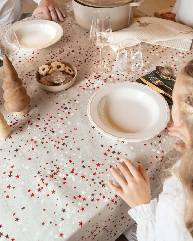 Weihnachtliche eckige Tischdecke Valencia - Sterne auf Naturfarbe