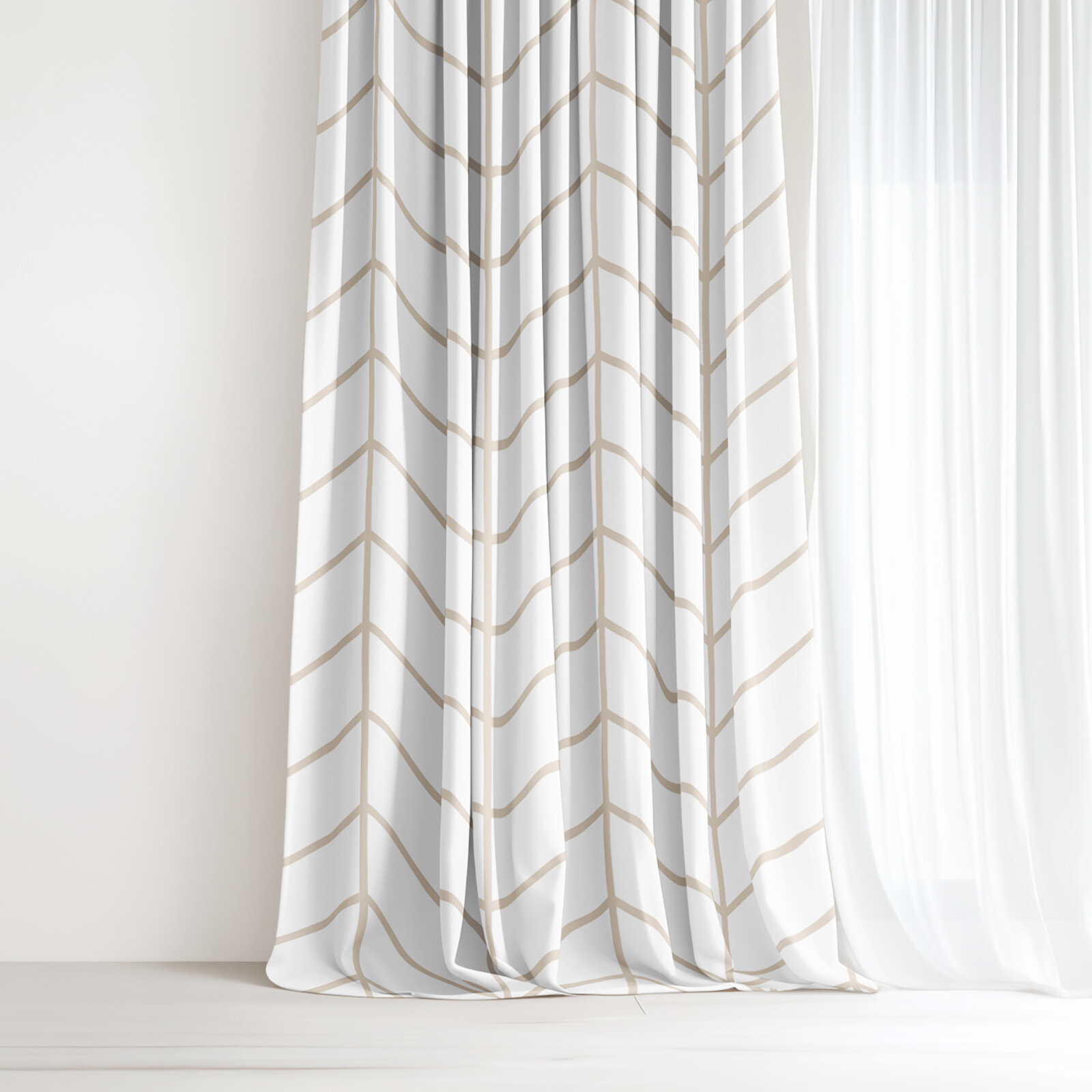 Vorhang aus Baumwolle - Beiger Zickzack auf Weiß
