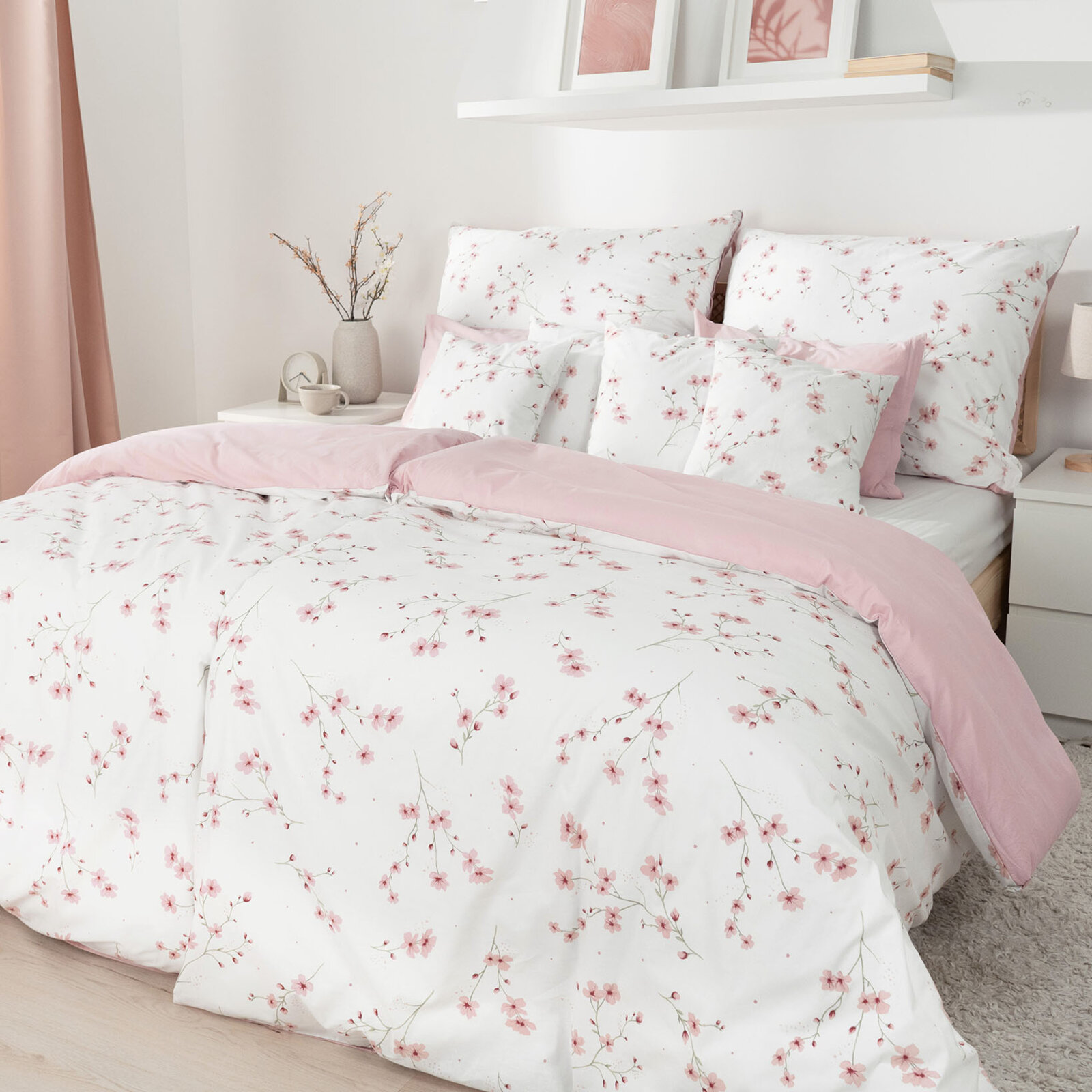 Bettwäsche aus Baumwolle Duo - Blühende Sakura-Kirschbäume mit Puderrosa