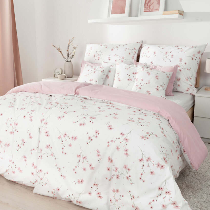 Bettwäsche aus Baumwolle Duo - Blühende Sakura-Kirschbäume mit Puderrosa